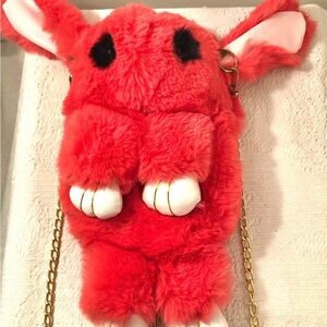 Soft Silky Plush Bunny Backpack or Crossbody Bag with Gold Chain and Zipper.